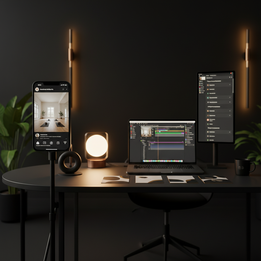 Studio Creativo AI Markekingcom — setup produzione contenuti wellness con iPhone, MacBook editing software e brand kit